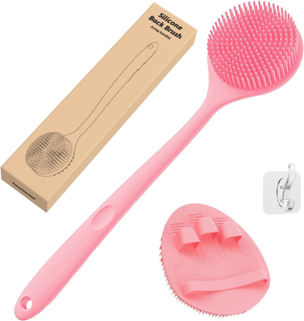 Manmihealth Silicone Back Scrubber(Thick Bristles) Soft Bath Glove Set, Super-Exfoliating Body Scrubber Super-Lathering Shower Brush Combination, with a Free Hook.(Black)