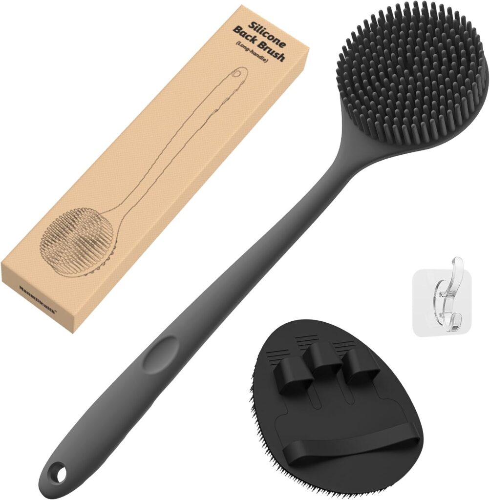 Manmihealth Silicone Back Scrubber(Thick Bristles) Soft Bath Glove Set, Super-Exfoliating Body Scrubber Super-Lathering Shower Brush Combination, with a Free Hook.(Black)