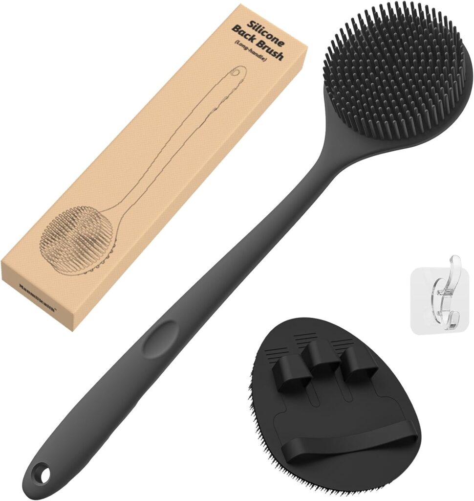 Manmihealth Silicone Back Scrubber(Thick Bristles) Soft Bath Glove Set, Super-Exfoliating Body Scrubber Super-Lathering Shower Brush Combination, with a Free Hook.(Black)
