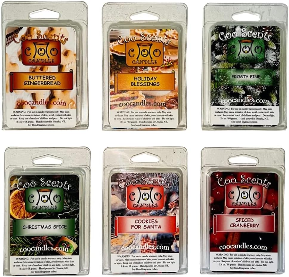6 Pack Highly Scented Soy Blend Wickless Candle Wax Bar Melt Cubes - Frosty Pine, Spiced Cranberry, Cookies for Santa, Buttered Gingerbread, Holiday Blessings, and Christmas Spice