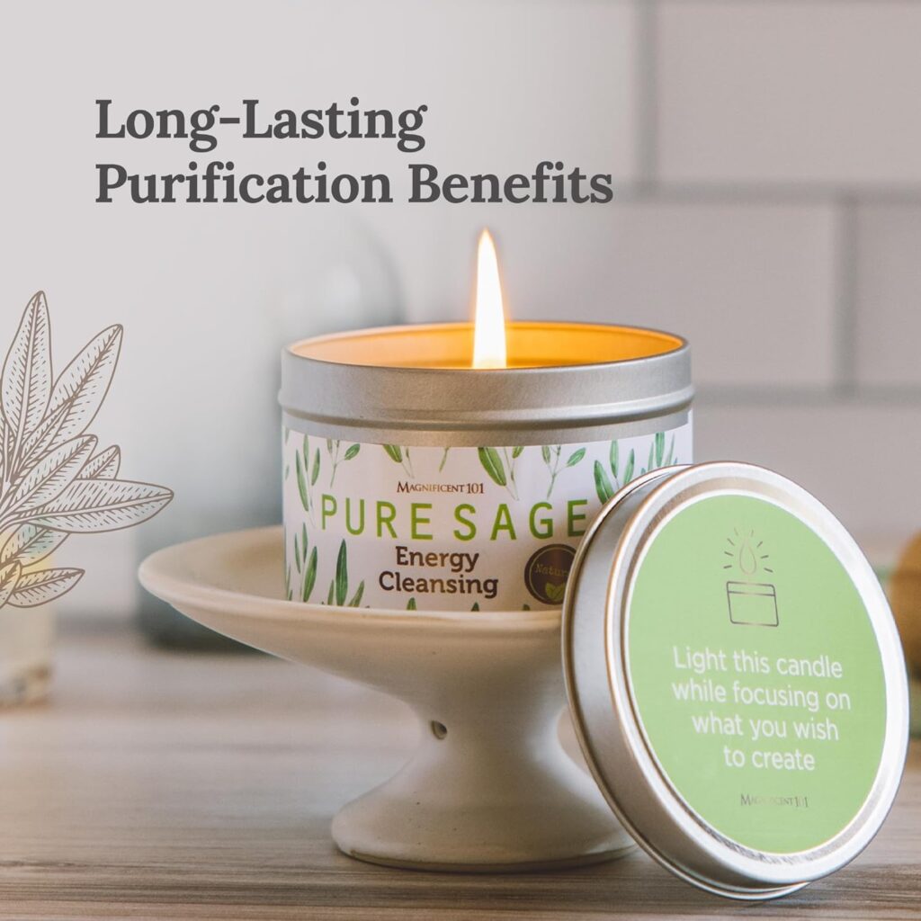 Magnificent 101 Long Lasting Pure White Sage Candle - 6 Oz - 35 Hour Burn Time | Organic, All Natural, Paraffin Free Candle to Cleanse Your Home Calm, Soothe, Relax and Restore The Body Mind