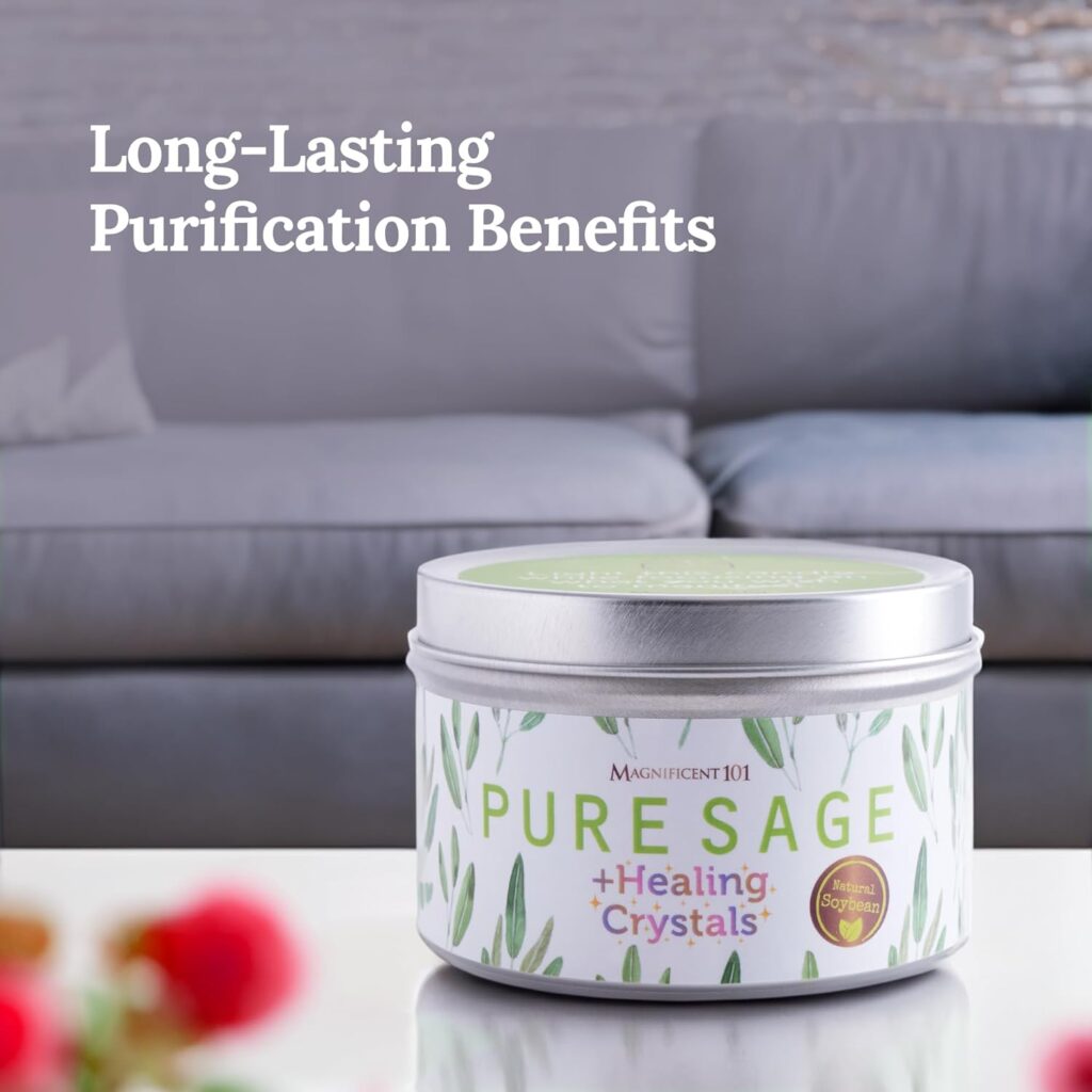 Magnificent 101 Long Lasting Pure White Sage Candle - 6 Oz - 35 Hour Burn Time | Organic, All Natural, Paraffin Free Candle to Cleanse Your Home Calm, Soothe, Relax and Restore The Body Mind