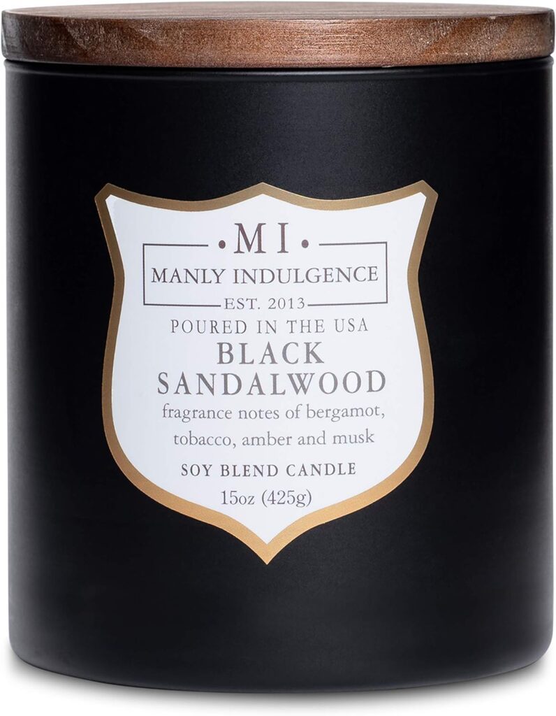 Manly Indulgence Black Sandalwood Scented Candle for Men 15 oz – Bergamot, Tobacco, Amber Musk - Wood Wick - Up to 60 Hours Burn - Soy Blend Wax, USA Poured – Signature Collection