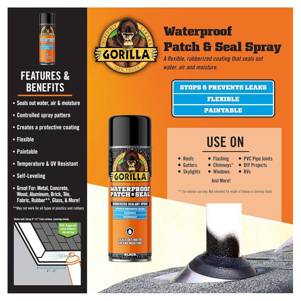 Gorilla Waterproof Patch Seal Rubberized Sealant Spray, Black, 16oz (Pack of 1)