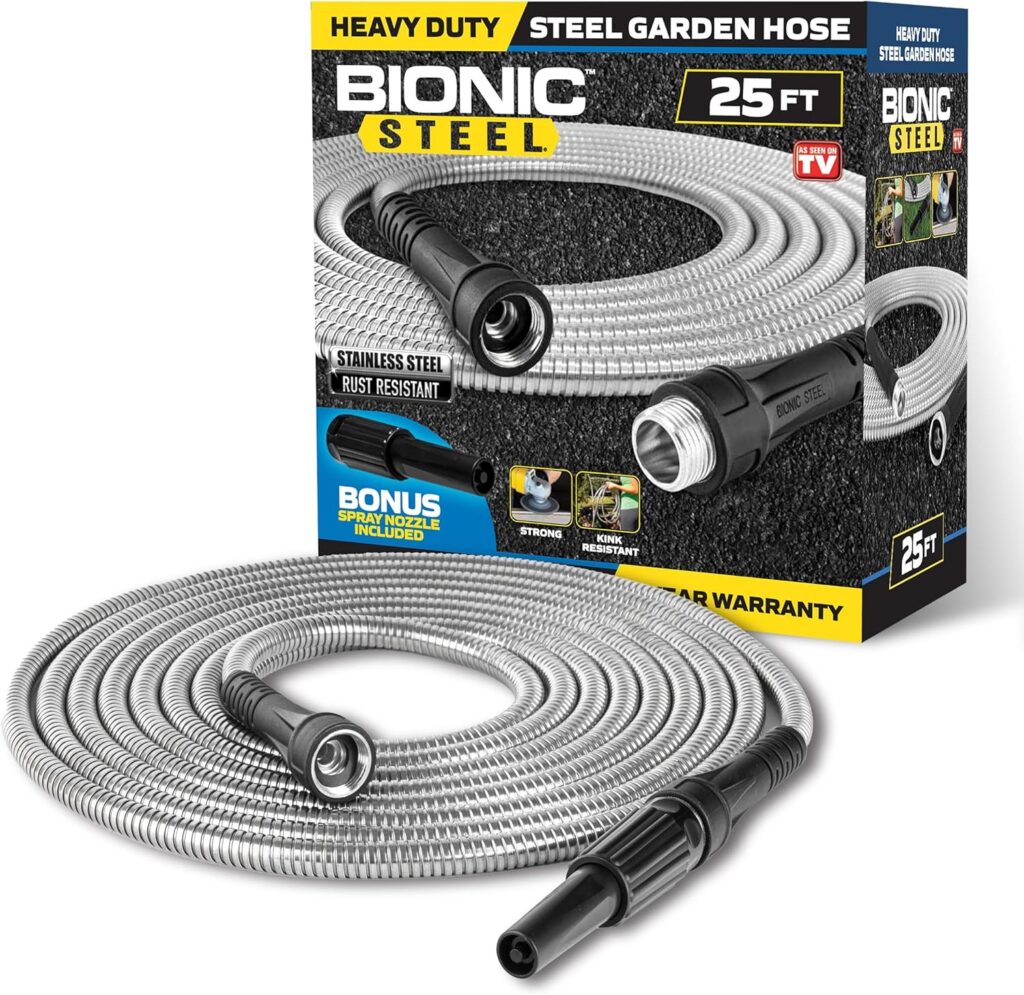 Bionic Steel 25 Ft Metal Garden Hose with Nozzle, 25Ft x 5/8 In. Premium 304 Stainless Steel Metal Water Hose, Flexible Non Kinking, Lightweight, Heavy Duty, for Yard, Outdoor