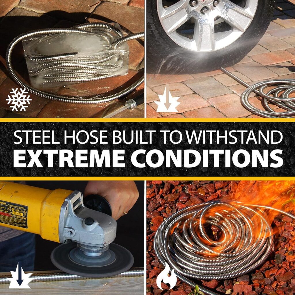 Bionic Steel 25 Ft Metal Garden Hose with Nozzle, 25Ft x 5/8 In. Premium 304 Stainless Steel Metal Water Hose, Flexible Non Kinking, Lightweight, Heavy Duty, for Yard, Outdoor