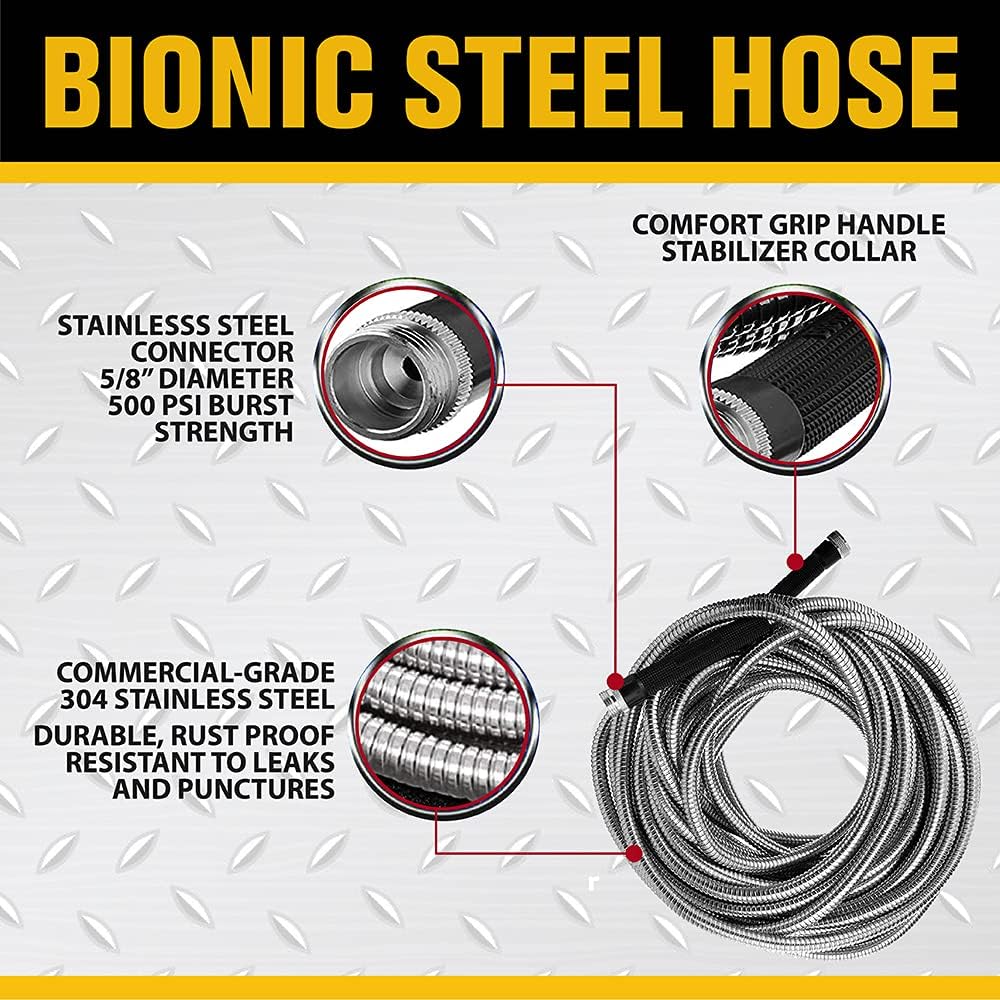 Bionic Steel 25 Ft Metal Garden Hose with Nozzle, 25Ft x 5/8 In. Premium 304 Stainless Steel Metal Water Hose, Flexible Non Kinking, Lightweight, Heavy Duty, for Yard, Outdoor